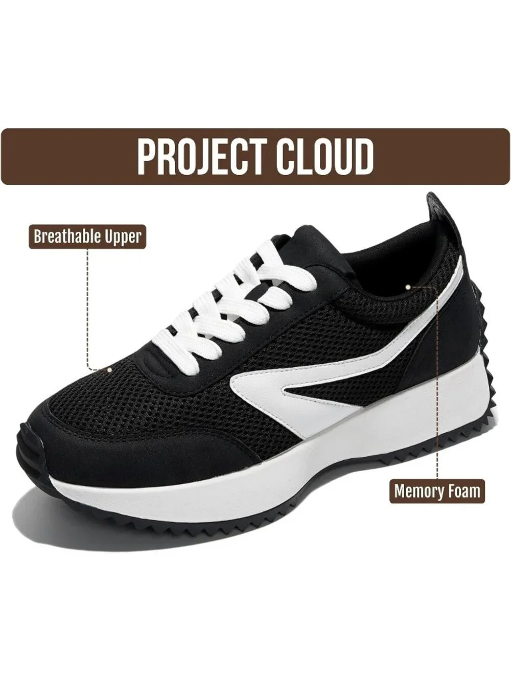 Womens Serena-black Project Cloud Sneakers Memory Foam Lightweight Lace Up Shoes